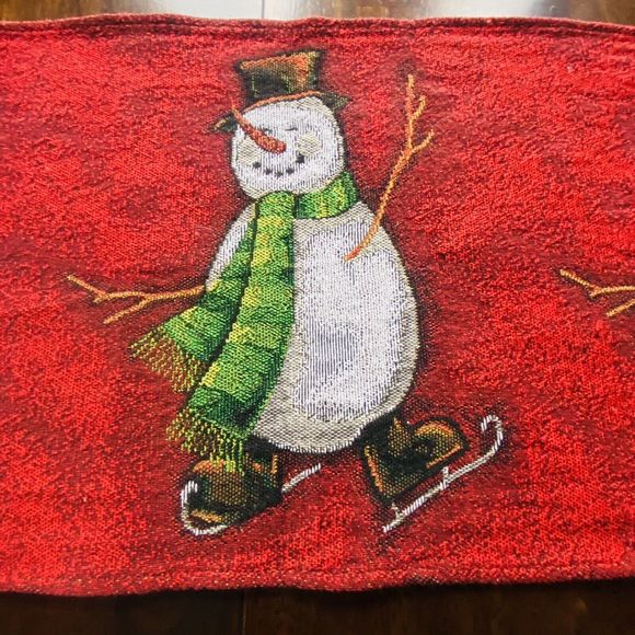 Snowman Christmas Table Runner Poinsettias 13.5 " x 68 “ Red Winter Ice Skating - Picture 2 of 4